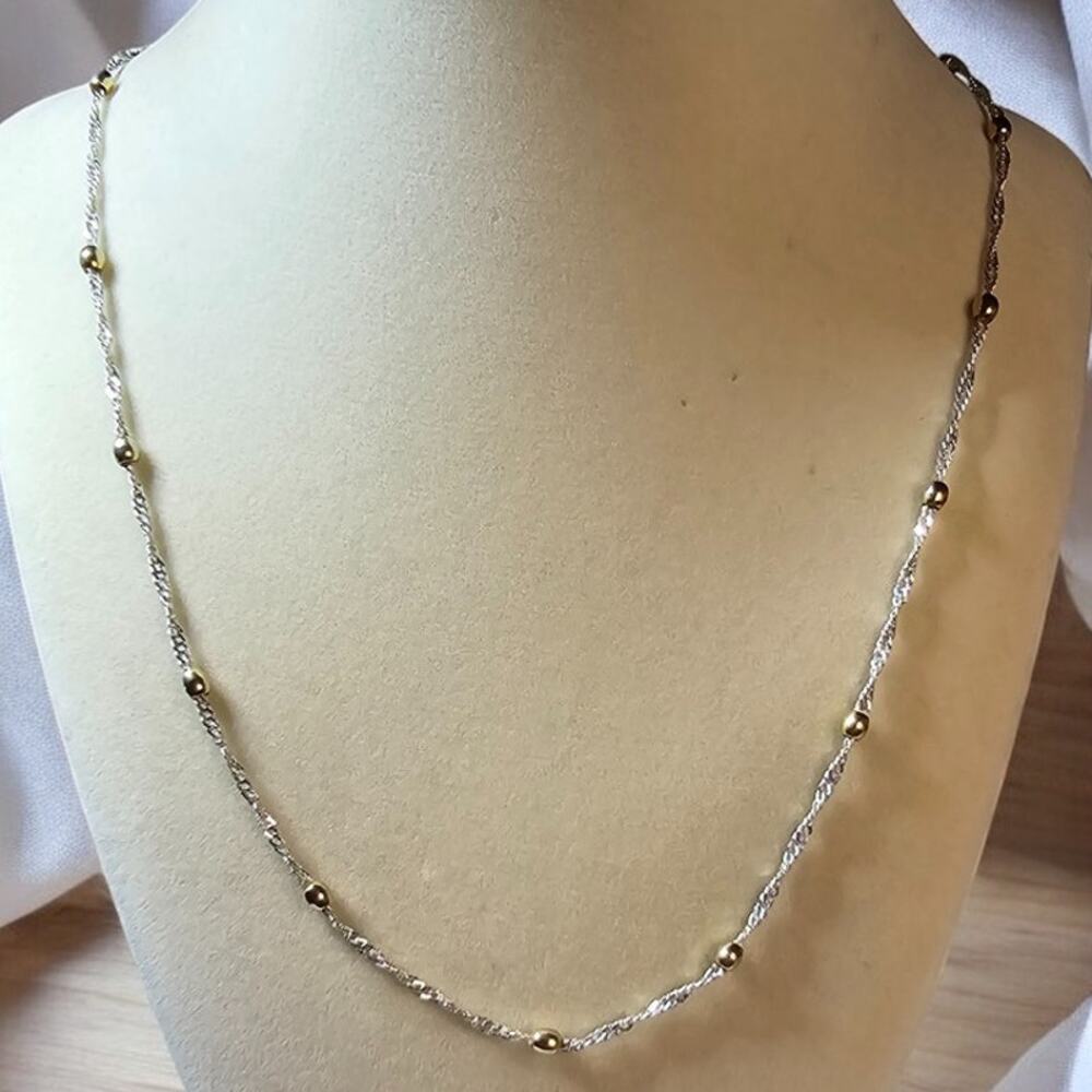 Silver Twisted Chain Gold Bead Two Tone Necklace 22 Inch Minimal Modern Chic - Picture 2 of 4